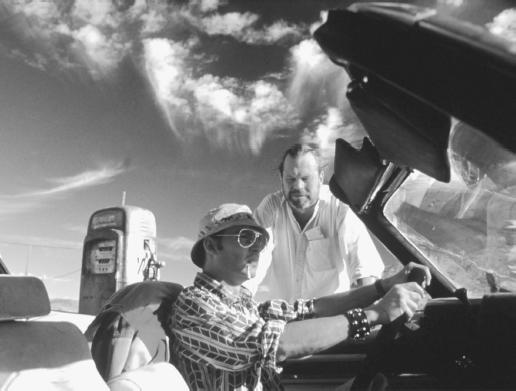 Terry Gilliam (background) with Johnny Depp on the set of Fear and Loathing in Las Vegas