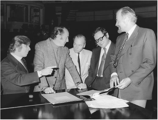 Muir Mathieson (center) with (from left) Elmer Bernstein, Henry Mancini, Ron Goodwin, and James Mason